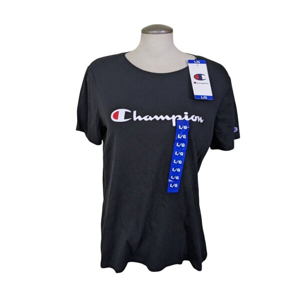 Champion Womens L Logo T shirt Top Black NEW Cotton Casual Basic Gym Workout - Picture 1 of 8